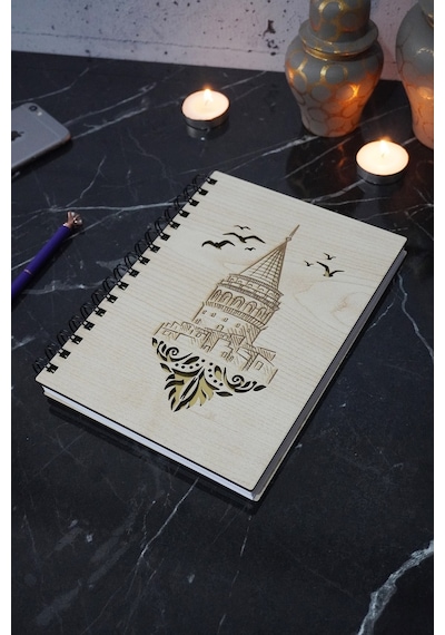 Galata Kulesi Desen Ahşap Defter-spiralli - Günlük - Çizgisiz Defter Ahşap Rengi Banu A5 Notebook