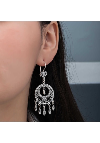 Gümüş Çember Telkari Sallantılı Kadın Küpe 14 MM-Gümüş