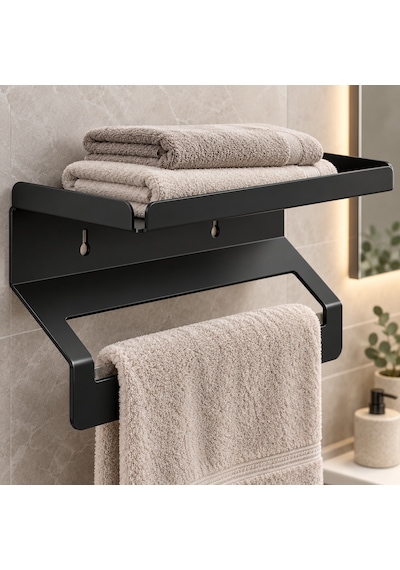 Metal Raflı Havluluk 40 Cm Duvar Tipi Havlu Askısı Siyah