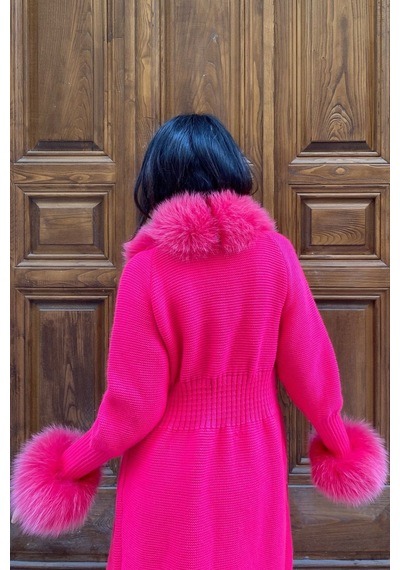 Lava Design Kürklü Triko Hırka & Uzun Triko Hırka & Kadın Triko Hırka Pembe