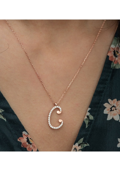925 Ayar C Harfi Kolye Kadın Gümüş Kolye Rose Gold