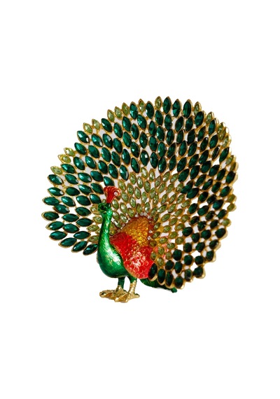 Kristal Taşlı Metal Tavus Kuşu Biblo, El İşçiliği Dekoratif Figür, 17x16 Cm, Yeşil Diğer