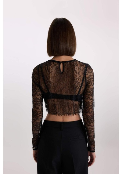DeFacto Crop Bisiklet Yaka Dantel Uzun Kollu Bluz E0210AX24AUBK81 Siyah