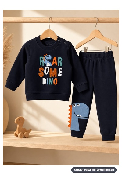 Ferasty İstanbul Erkek Bebek 2'li Takım Dinozor Baskılı Roarsome Dino Lacivert