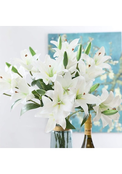 Yapay Çiçek Beyaz Lilyum 3 Kafalı Uzun Dal Çiçek Zambak Lily Flowers 80cm