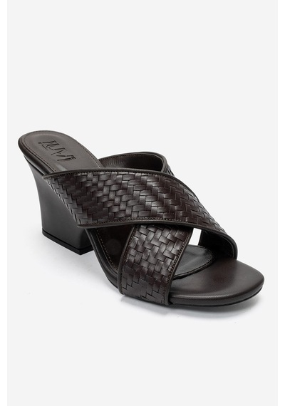 Luvi Shoes Lavean Kahverengi Örgü Çapraz Bantlı Kadın Dolgu Topuklu Terlik
