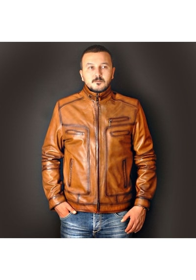 Deriwork Hakiki Kuzu Derisi Taba Erkek Deri Mont Dört Cepli Fermuarlı Deri Ceket Taba