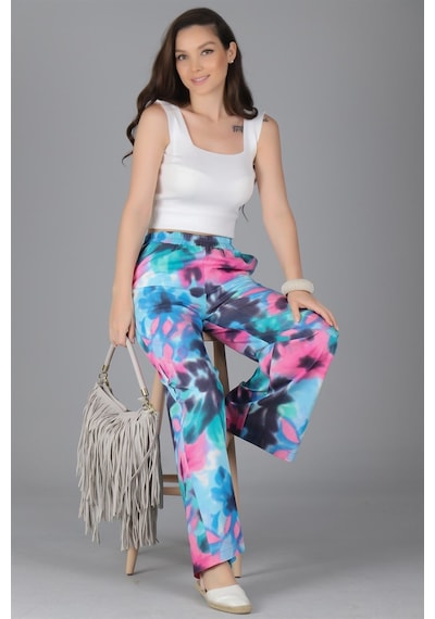Sweetness Kadın Batik Desenli Bol Paça Beli Lastikli Pantolon Mavi