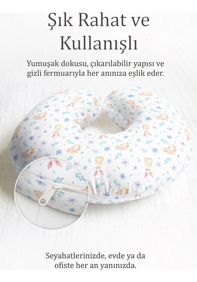 Tavşan Ve Çiçek Desenli Pamuklu Boyun Yastığı - Pastel Renkli Çocuk & Yetişkin Seyahat Yastığı Gece Orman Yeşili