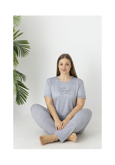 Estiva Kadın Puantiye Alt Desenli Kısa Kollu Soft Battal Pijama Takımı Gri