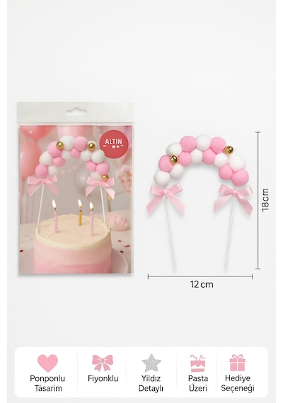 Pembe Ponponlu Pasta Süsü Yumuşak Keçe Fiyonklu 3d Dekor Seti Doğum Günü Süsleri