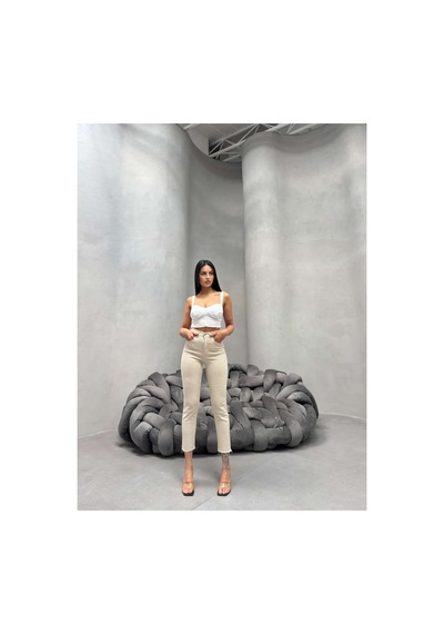Kene Jeans Kadın Yüksek Bel Taş Keten Paça Kesik Dar Paça Pantolon Bej