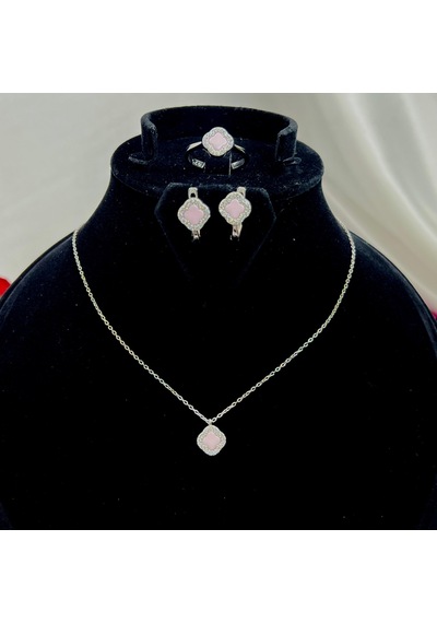Yonca Pembe Taşlı Kadın 3'lü Seti 925 Ayar Gümüş Radyumlu 8 Mm Gümüş