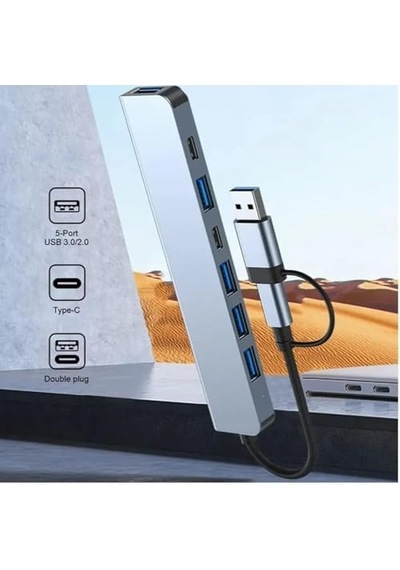 7'si 1 Arada Usb Hub, Çift Girişli Usb A Ve Type-c Adaptör, 5 Gbps Usb 3.0, Alüminyum Gövde, Laptop Ve Uyumlu