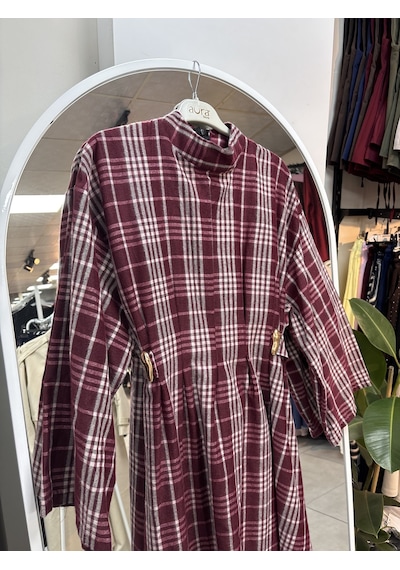Nirva Butik Kadın Ekose Desenli Belden Oturtmalı Elbise Bordo - Beyaz