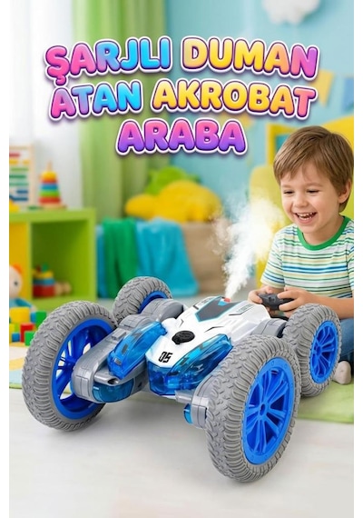 Uzaktan Kumandalı 7 Fonksiyonlu Işıklı Şarjlı Duman Atan 360 Derece Dönebilen Oyuncak Akrobat Araba Mavi