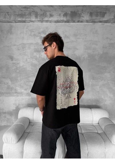 Barlashive Erkek Tişört Kısa Kol Ön Ve Arka Baskılı Oversize Bisiklet Yaka T-shirt - Siyah Çok Renkli