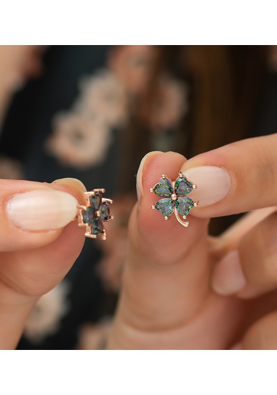925 Ayar Mistik Topaz Taşlı Yonca Küpe Kadın Gümüş Küpe N11.9791