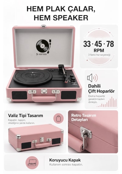 Kensa Bluetooth Lu Nostaljik Çantalı Pikap 33/45/78 Devir Dahili Bataryalı Plak Çalar Pembe