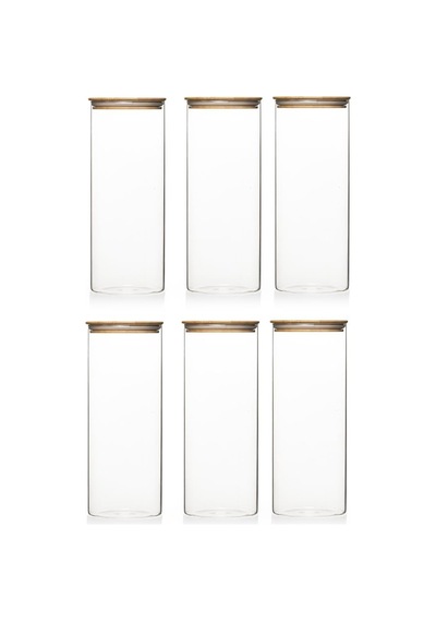3-3 Bambu Vakumlu Kapaklı Yuvarlak Cam 6lı Kavanoz Seti Saklama Kabı 1650ml 10x25cm Diğer