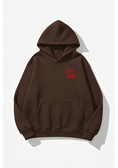 Uyguntarz Unisex Yumuşak Dokulu Damn. Baskılı Tasarım Oversize 3 İplik Hoodie Sweatshirt Kahverengi
