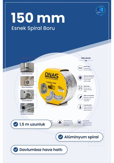 Esnek Aspiratör Borusu 150 Mm X 1,5 M Alüminyum Spiral Davlumbaz
