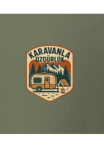 Wildstyle Karavanla Özgürlük Renkli Karavan Kamp Doğa Rozet Baskılı Unisex Bisiklet Yaka Pamuklu Tişört Haki