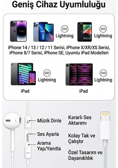 Lightning Girişli Kablolu Stereo Kulaklık Tak Çalıştır - Yüksek Ses Kalitesi 00