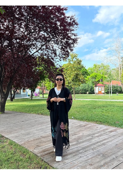 Siyah Mercan Desenli Kaftan Kimono Renkli Desenli Salaş Plaj Ve Günlük Kullanım Siyah - Turuncu Siyah Mercan Desenli Kaftan Kimono Renkli Desenli Salaş Plaj Ve Günlük Kullanım Siyah - Turuncu