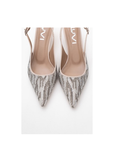 Luvishoes Luvi Shoes Ushes Bej Saten Taşlı Kadın Kısa Topuklu Abiye Ayakkabı Bej