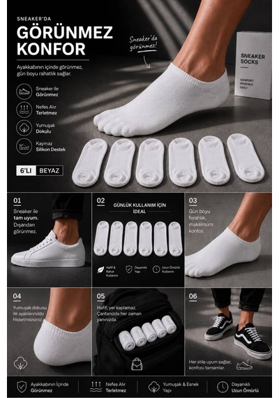 Ask Erkek 6'lı Beyaz Görünmez Sneaker Çorap Beyaz