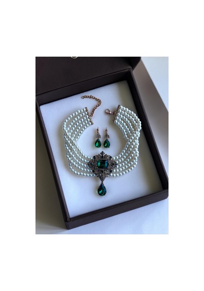 Baget Ve Su Damlası İnci Choker Kolye Ve Küpe Seti Beyaz