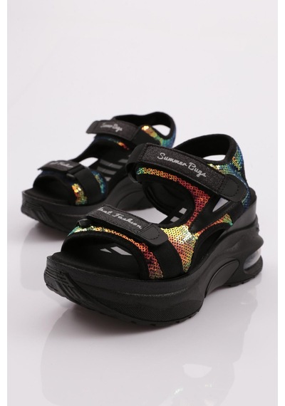 Dgn 3032 Kadin Kalin Taban Cirtli Sandalet 3032-2027-R4506 Siyah