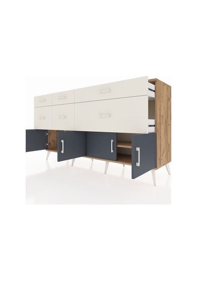 Kronos Konsol Tek Raflı 6 Çekmeceli 4 Kapaklı 176x59x99 Çam-antra Çam-antrasit/aytaşı