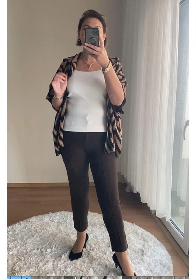 Mia Butik Dertsiz Büyük Beden Koyu Kahve Toparlayıcı Kumaş Pantolon Kahve