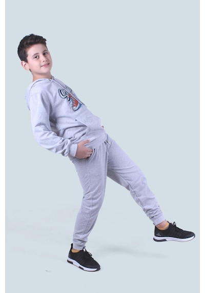 Fyk Kids Kapüşonlu Kanguru Cepli Erkek Çocuk Eşofman Takımı Melanj Gri