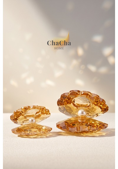 Chacha Home Oceana Pearl 2'li Kristal İncili İstiridye Obje Seti 9x7 Cm & 7x5 Cm - Lüks Cam Dekoratif Masa Üstü Biblo Ball