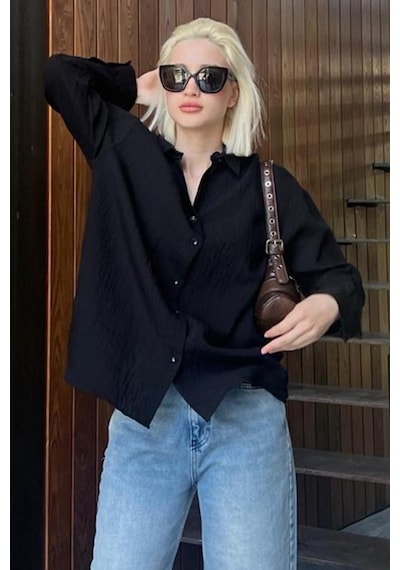 Madmext Siyah Uzun Kollu Çizgili Oversize Gömlek Mg2080-siyah Siyah