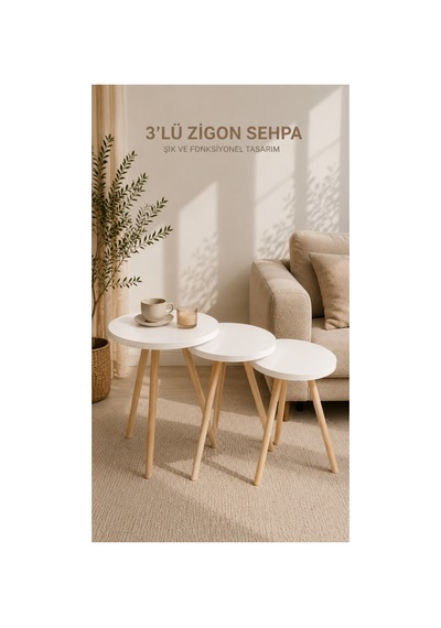 Zigon Sehpa Beyaz 3'lü Ahşap Ayaklı Yuvarlak Modern Yan Sehpa Seti Beyaz Beyaz