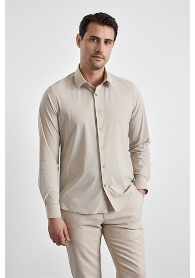 Süvari Ekru Slim Klasik Yaka Düz Casual Gömlek Gm1008400364-bj1