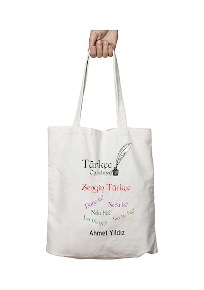 Art Hediye Kişiye Özel Türkçe Öğretmeni Kelimeler İki Tarafı Kalıcı Baskılı Yıkanabilir Çanta Çok Renkli