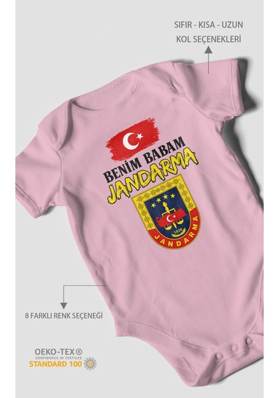 Morivokids Benim Babam Jandarma Kısa Kollu Bebek Body %100 Pamuk Koyu Pembe