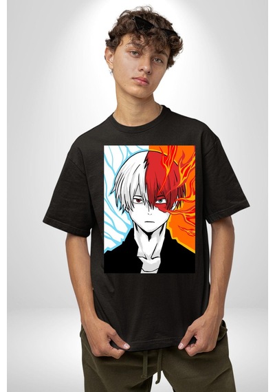 My Hero Academia Boku Anime Pamuklu Bisiklet Yaka Unisex Oversize Boyfriend Dijital Baskılı Siyah T-shirt Siyah