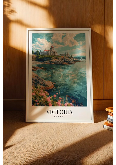 Victoria Canada Vintage Seyahat Posteri Çerçeveli Tablo - Premium Parlamento Elit Duvar Dekoru Beyaz