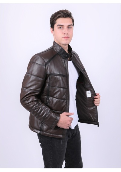 New Zaya Leather Erkek Hakiki Deri Şişme Deri Ceket Kahverengi