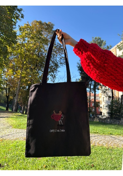 Bolergıashop Coffee Tasarım Canvas Omuz Çantası Siyah Punch İşleme