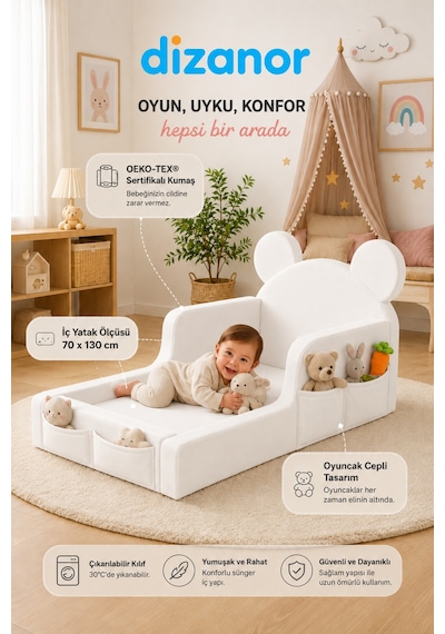 Luxury Tedyy Baza Ve Başlıklı Montessori Full Sünger Yatak Seti Beyaz -