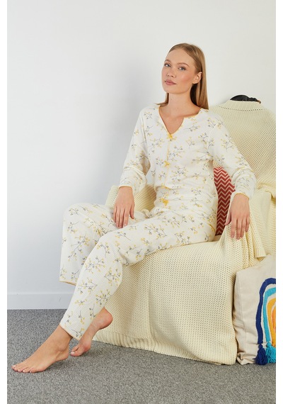 Fullamoda Çiçek Desenli V Yaka Pijama Takımı Sarı
