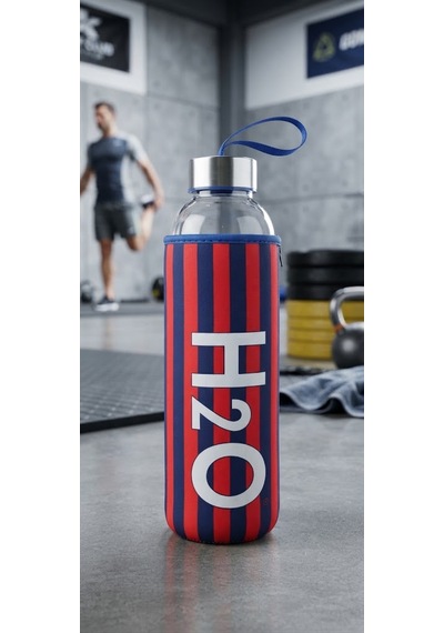 H2o Desenlı Kılıflı 750 Ml Cam Matara Çızgı Mavi