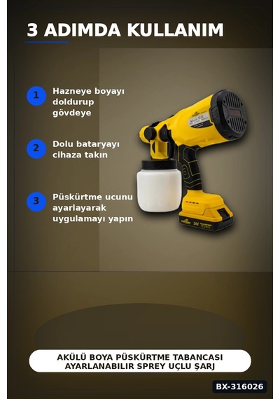 Akülü Boya Püskürtme Tabancası Ayarlanabilir Sprey Uçlu Şarjlı Duvar Boyama Aleti Bx-316026 Çok Renkli